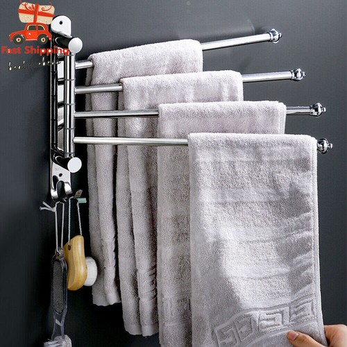 Swivel Bathroom Towel Rack 4 Arm Stainless Steel Wall-Mount Holder Hanging Shelf