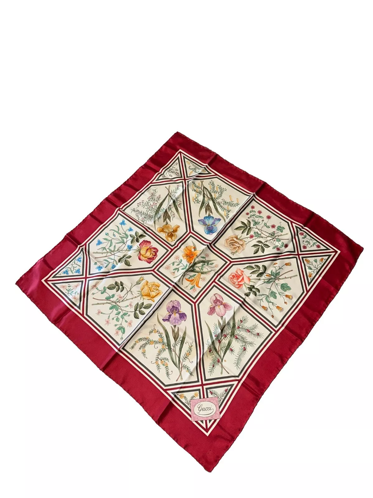 Foulard carré soie vintage GUCCI années 70 Flora V. Accornero rouge floral rose iris