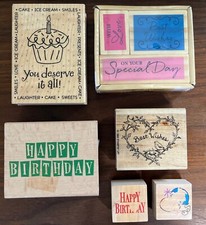 Birthday Theme Wood Mounted Rubber Stamps, Lot Of 8