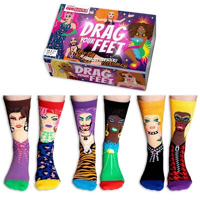 United Oddsocks Drag Your Feet Box of 6 Multicoloured Funky Socks UK Size 5-10