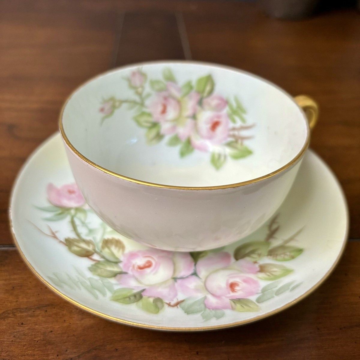 Antique T&V Limoges Hand Painted Porcelain PINK ROSES Tea Cup