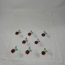 Vintage Red Floral Hand Embroidered White Linen Table Runner Dresser Scarf 38x14