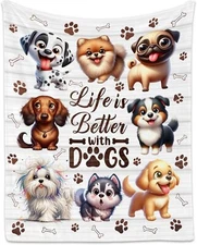 Dog Theme Flannel Blanket for Dog Lovers Animal Print Throw Blanket for Bed Sofa