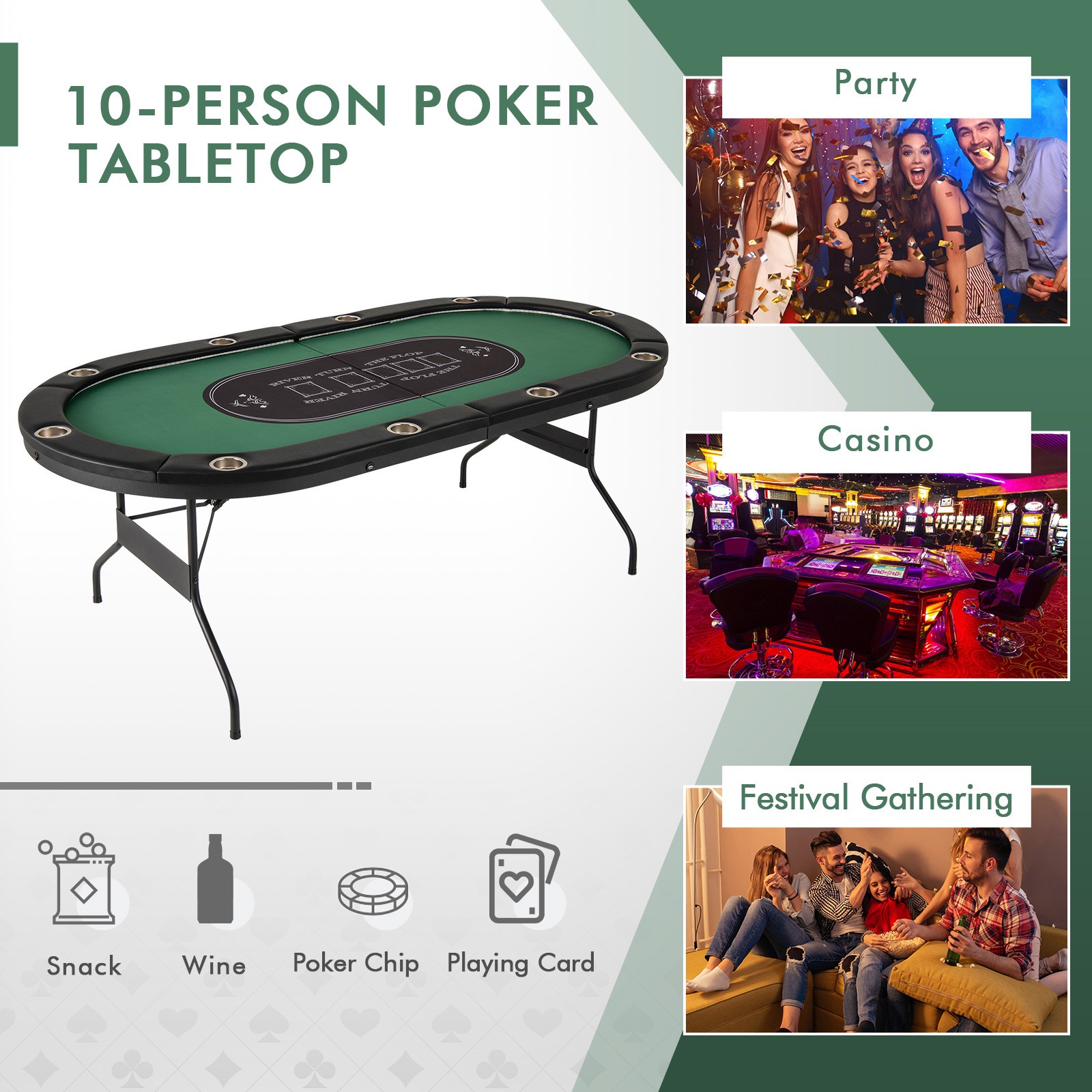 Foldable 10 Player Poker Table Casino Texas Holdem W/ LED Lights USB ...