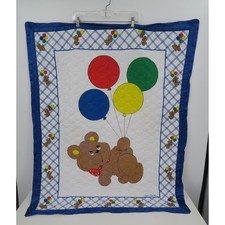 Vintage Baby Quilt Blanket Teddy Bear Balloons Blue Trim