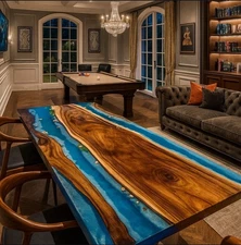 Custom Made To Order Live Edge Wood And Epoxy River Table
