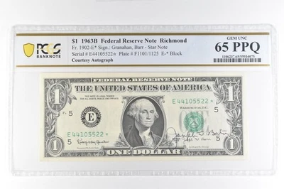 1963 B $1 VA FRN Star Note Courtesy Autograph Fr#1902-E* 65 PPQ PCGS *7323 - Image 1 of 3