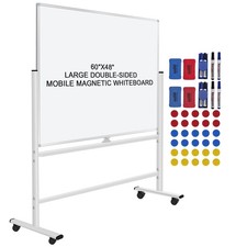 60"x48" Mobile Whiteboard Double-Sided Magnetic Dry Erase Board on Wheels - C...