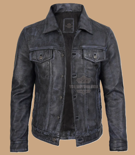 Men’s Distressed Black Leather Trucker Jacket - Vintage Style Western Jean Coat