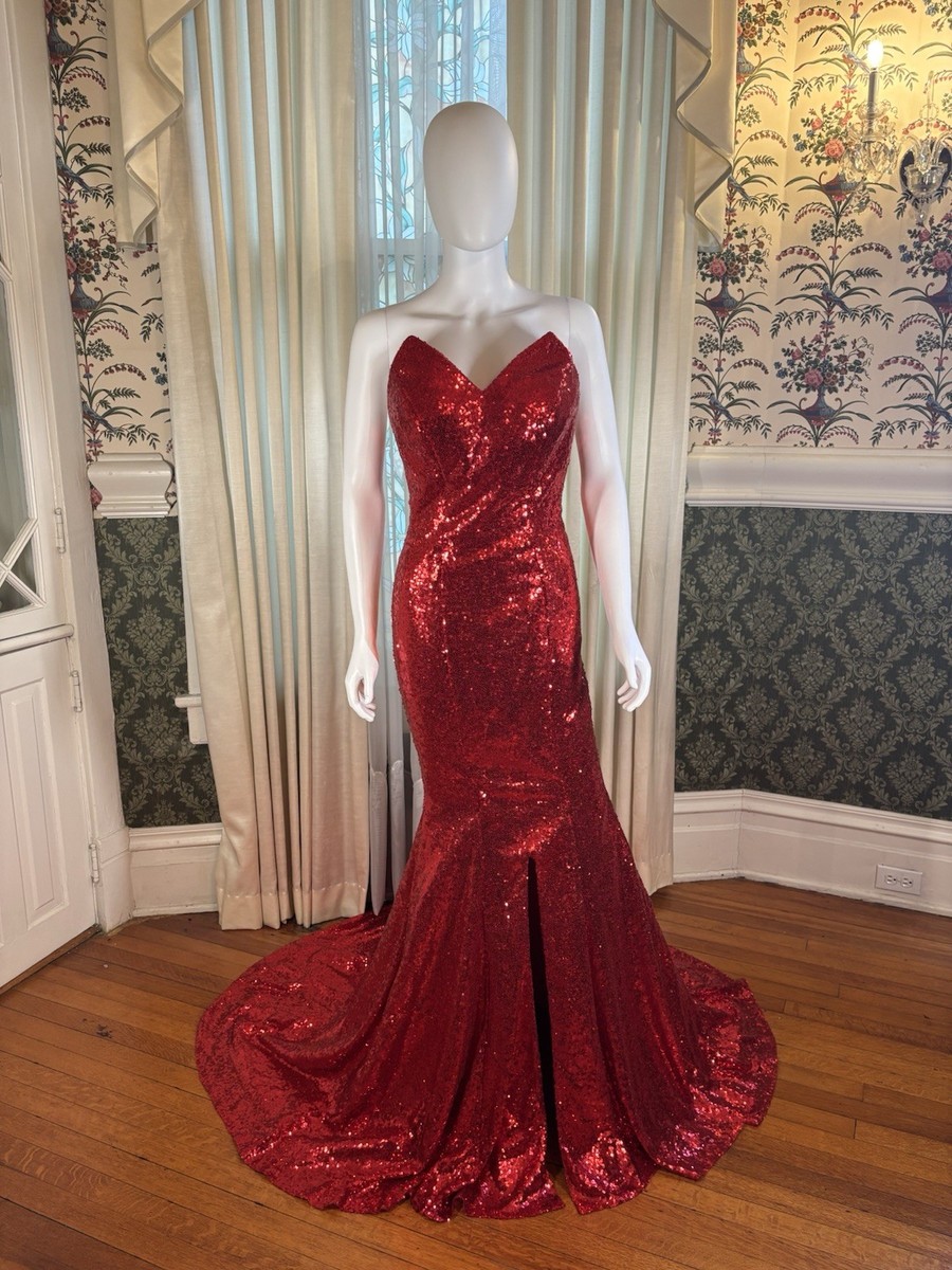 fitted lace wedding dress Women's Sips & Sparkles Wine Red Sequin Strapless Midi Dress | Size: L main image 1