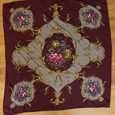 Etienne Aigner Elegant Floral Burgundy and Gold Scarf 32 x 33 with rolled hem