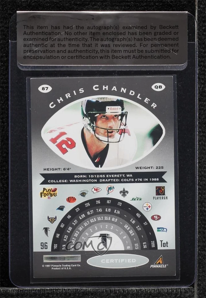 BAS 1997 Pinnacle Certified Chris Chandler #87 Seal of Authenticity Auto - Image 2 of 2