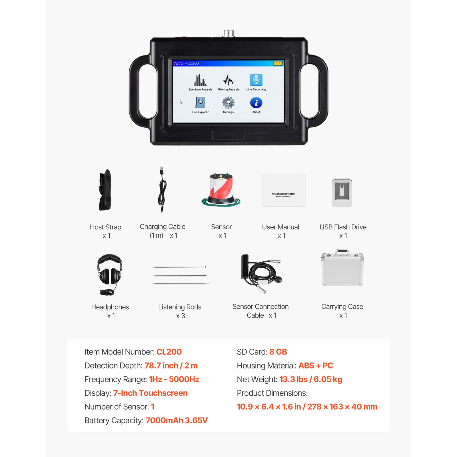Uimoso Pipe Leak Detection Device 1Hz-5000Hz 7" Touchscreen Locator