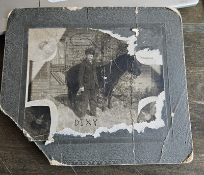 ANTIQUE 1900's PHOTO OF YOUNG TEEN BOY MAN WITH HORSE DIXY WEIRD COLLAGE