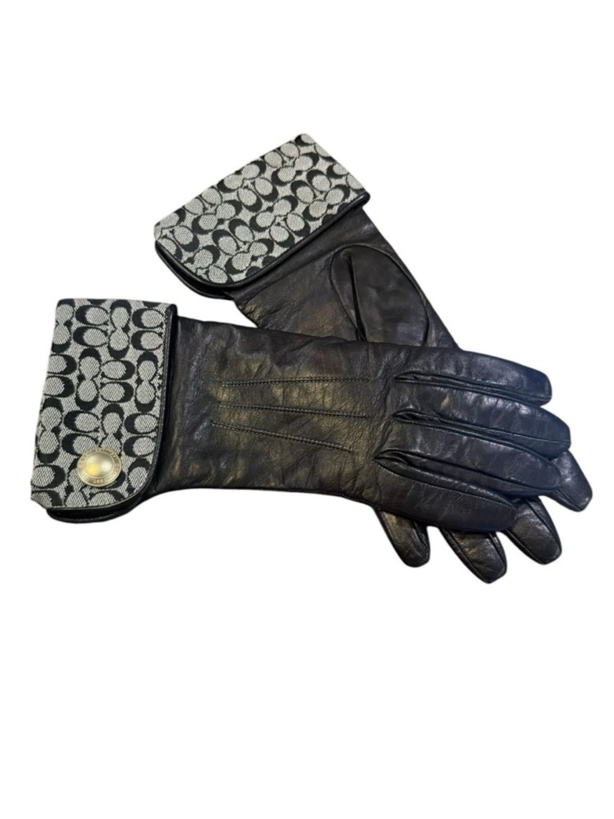 Coach Black Leather Gloves Signature Cuff Cashmere Lined Size 8