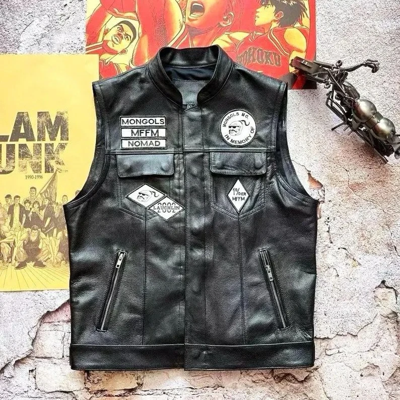 MONGOLS Men's Motorcycle Leather Vest – Black Cowhide Biker Waistcoat Embroidery - Image 2 of 4
