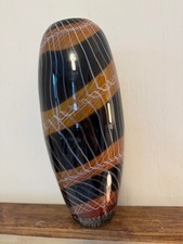 Art Glass Vase - Black  Amber With White Swirl Design