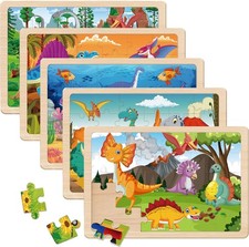 Wooden Puzzles Dinosaur Toys for Kids Ages 3-5, Set of 5 Packs with 30-Piece,Pre