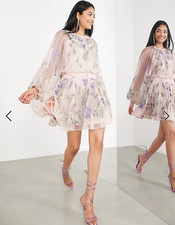 Floral embroidered mesh mini dress with blouson sleeve in pale pink