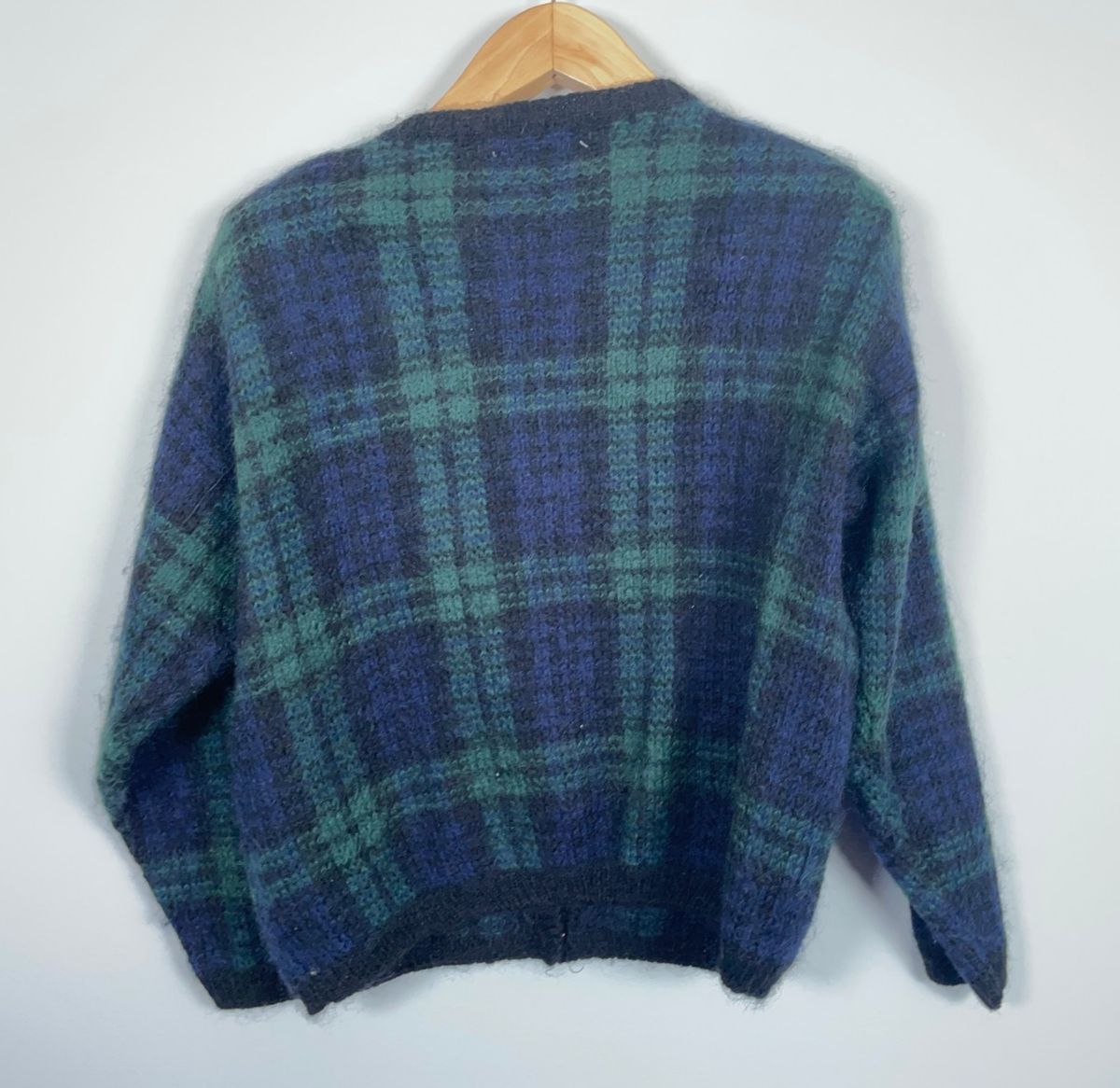 90s Mohair Cardigan Women's Large Green Blue Black Watch Sweater
