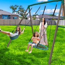 500lb Heavy Duty 7.5ft Tall Metal Swing Set for Kids Backyard Playset w/2 Swings