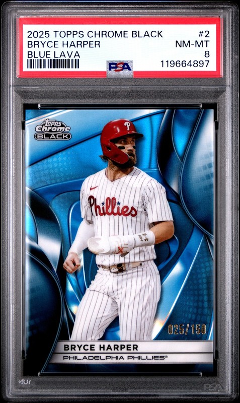 2025 TOPPS CHROME BLACK BLUE LAVA #2 BRYCE HARPER 25/150 PSA 8