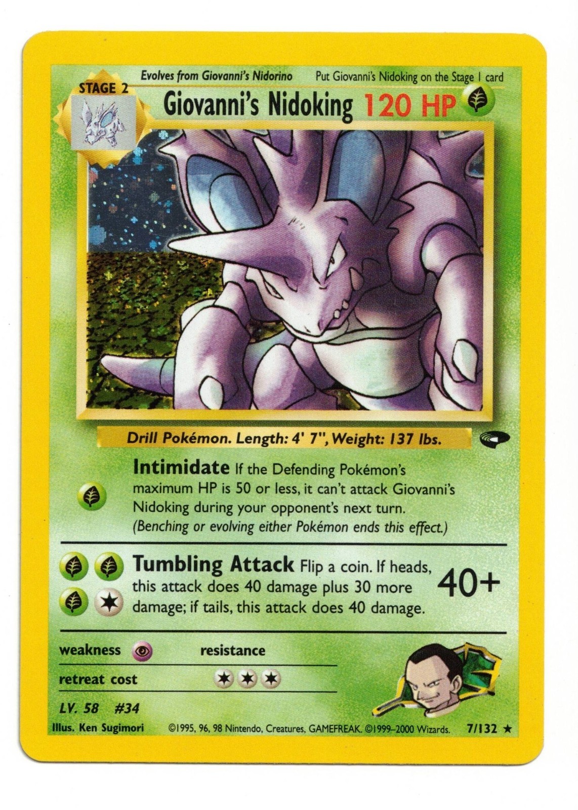 Pokemon Card: Giovanni's Nidoking HOLO SWIRL 7/132 Gym Challenge Rare! EX/NM