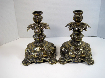 Vintage Cambridge Set of 2 Hollywood Regency Ornate Candlestick Holders 8'' Tall