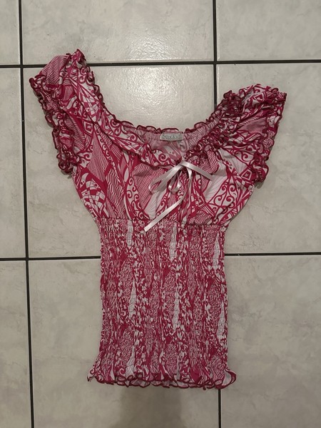 Pink Y2K Smocked Ruffle Top Tie Front Stretch Studio F Size S/M EU 36 38