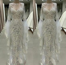 Mermaid Beach Wedding Dresses Long Sleeves Lace Applique White Ivory Bridal Gown