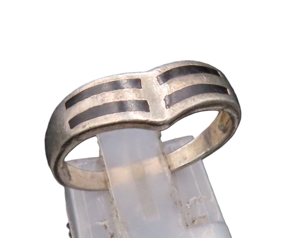 925 Sterling Silver Vintage Enamel Stripes Curved Band Ring