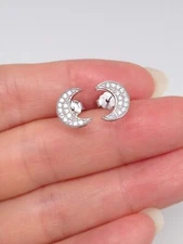 925 Sterling Silver Crescent Moon Stud Earrings Pave CZ Studs Women Girls 9mm