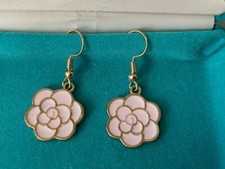 New Yellow Gold Plated Pink Enamel Rose Flower Charm Hook Dangle Drop Earrings