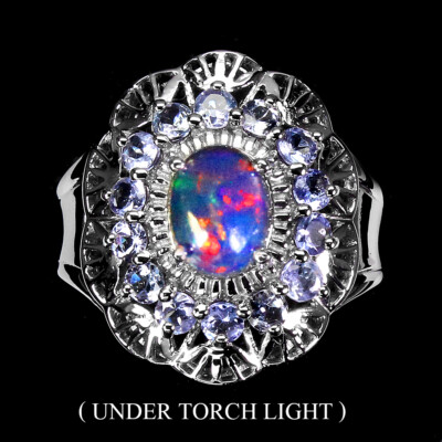 925 Sterlingsilber Ring Ovaler Schwarzer Opal 8x6mm Tansanit Edelstein Schmuck