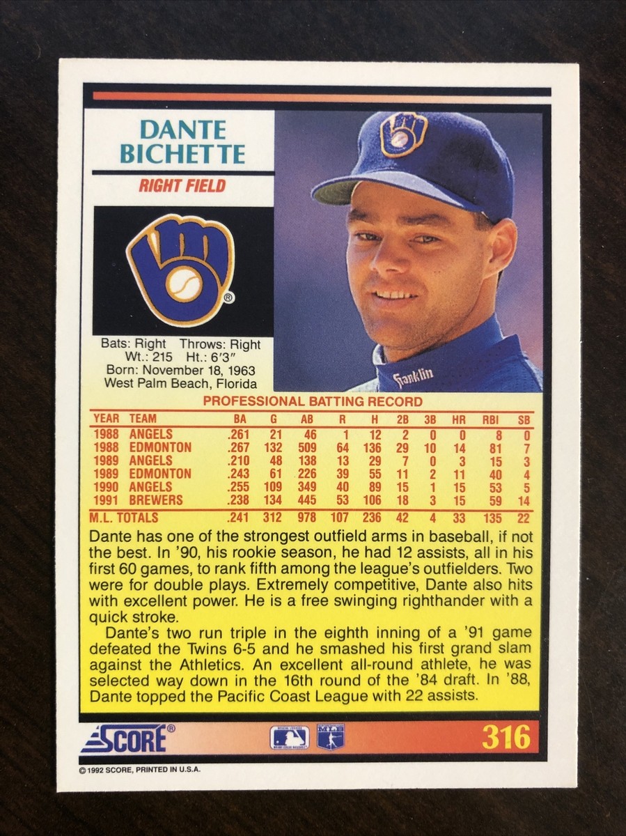 1992 Score Baseball #316 Dante Bichette Brewers | eBay