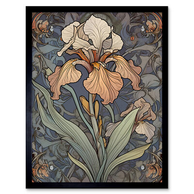 Art Nouveau Style Iris Bloom Flower Watercolour Framed Art Picture Print 9X7 In