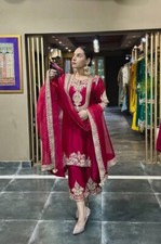 Readymade Chinnon Silk Salwar Kameez With Red Dupatta For Traditional Wear