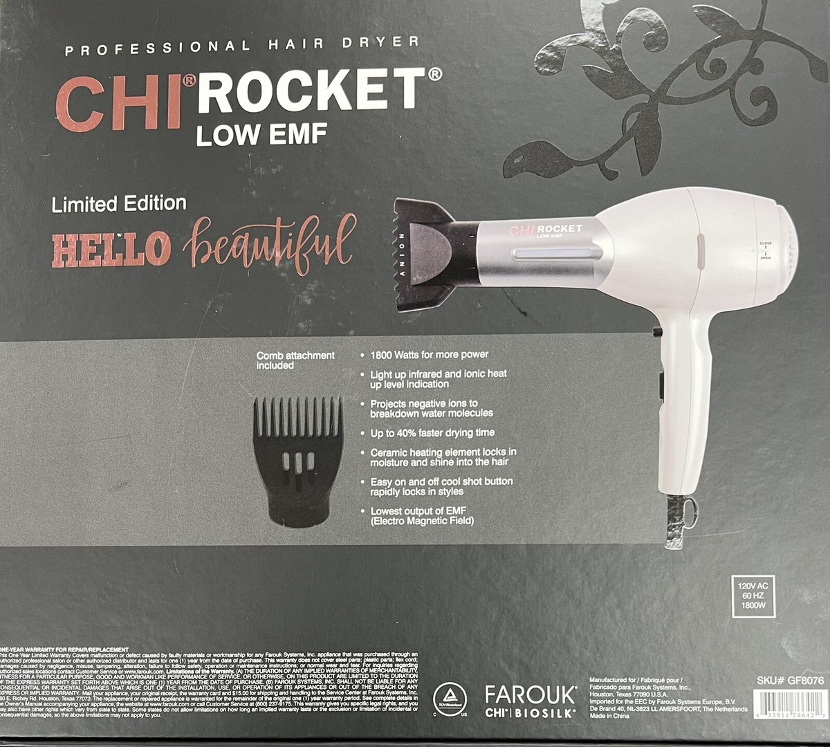 Chi Rocket Low EMF Professional Hair Dryer Hello Beautiful Limited