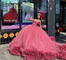 Elegant Pink Quinceanera Dresses Princess Off Shoulder Beaded Ruffles Sweet 15