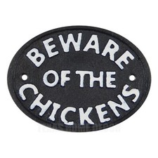 Beware of The Chickens Cast Iron Plaque Sign Wall Mounted Black  White 4 3/4 in