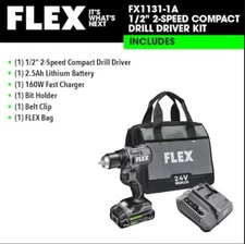 Flex 24V Compact Cordless Drill Driver Kit 1/2” 2 Speed FX1131-1A 2.5 Ah Battery