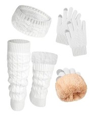 3 Pack Fleece Lined Leg Warmers Headband Gloves Set Warm Knit Fleece White