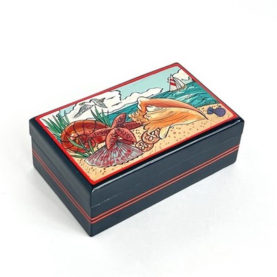 Hand Painted Wood Trinket Box Seashells Beach Ocean Sea Bird Boat 3x5  Thailand