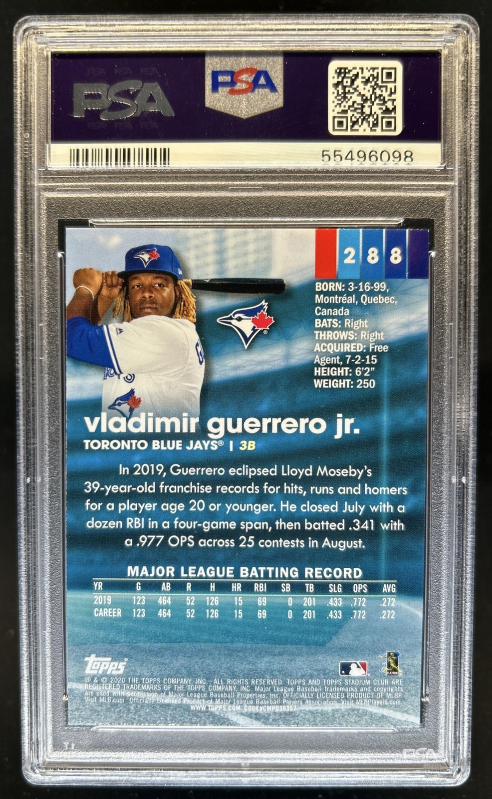 2020 Topps Stadium Club Vladimir Guerrero Jr. #288 Blue Jays PSA 9 view 2