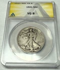 1921 key WALKING LIBERTY silver half dollar. Deep-rimmed beauty. ANACS VG8 #74