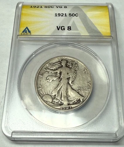 1921 key WALKING LIBERTY silver half dollar. Deep-rimmed beauty. ANACS VG8 #74