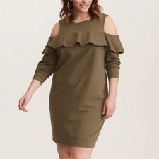 Torrid Ruffle Cold Shoulder Sweatshirt Dress Olive Green Plus Size 1X