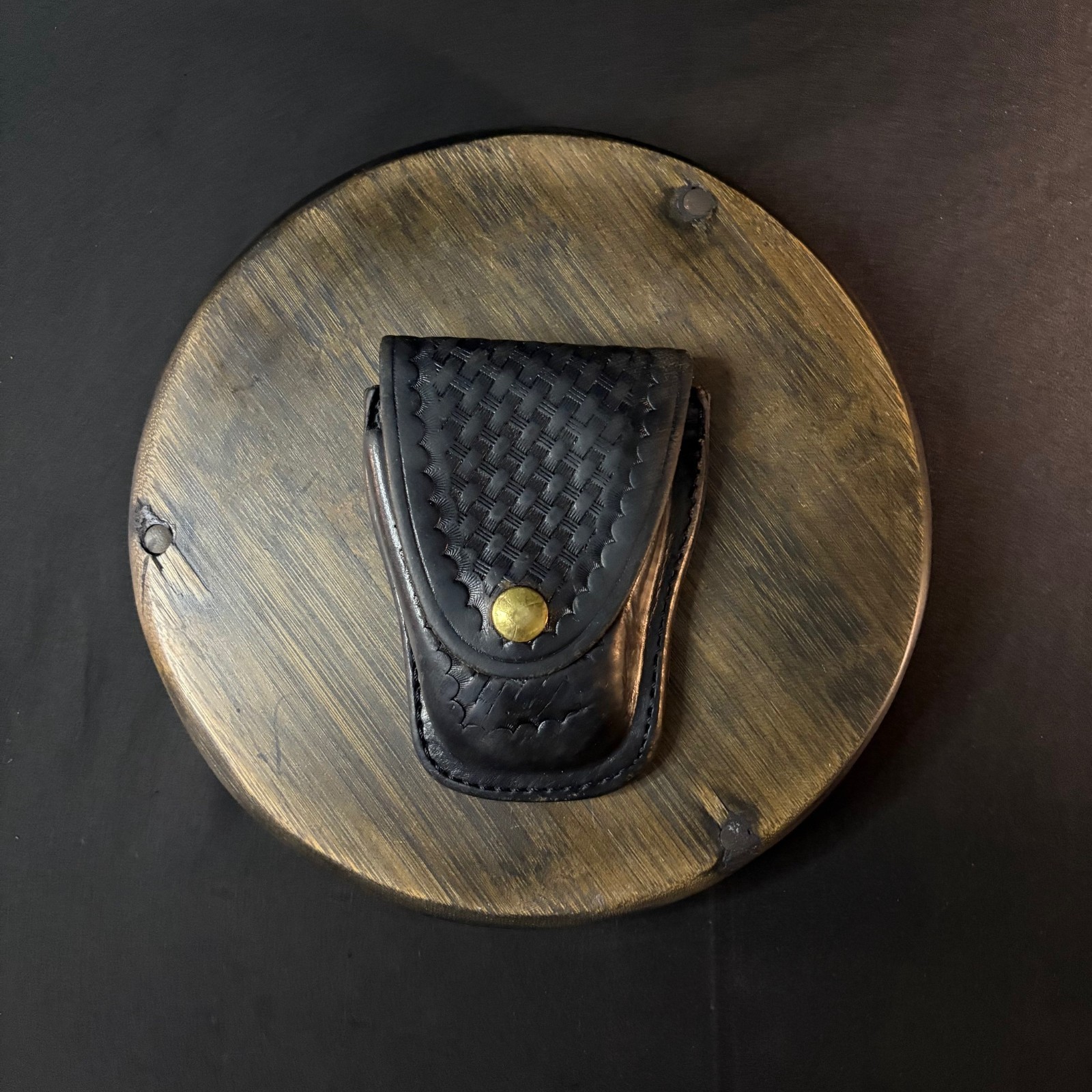 Aker 501 Vintage Handcuff Case Black Basketweave Leather Brass Snap