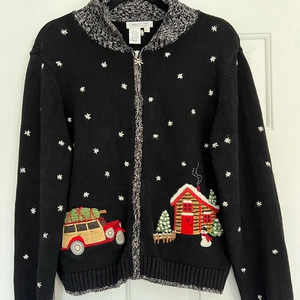 Cárdigan para mujer Coldwater Creek negro con cremallera navideña XL bordado camioneta Foto 2 de 4