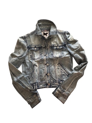 Silvian Heach Blue Denim Jacket Distressed Crystals Logo Puff Shoulder Cropped M - Picture 4 of 20